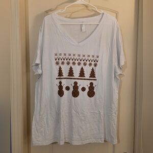 White V-Neck Holiday Graphic Tee with Plaid